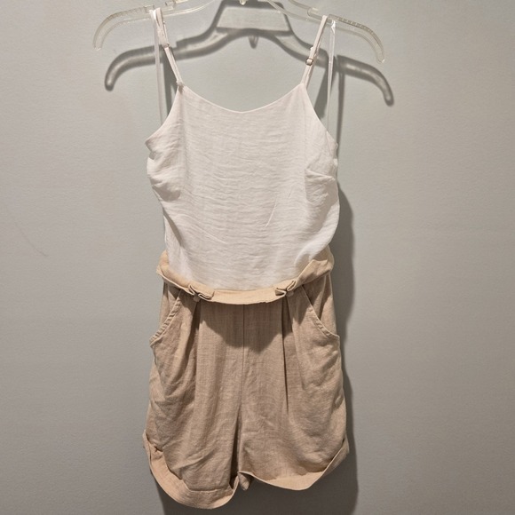 Womens Sleeveless Romper Spaghetti Strap White Beige Casual Cuffed Shorts - Picture 1 of 8